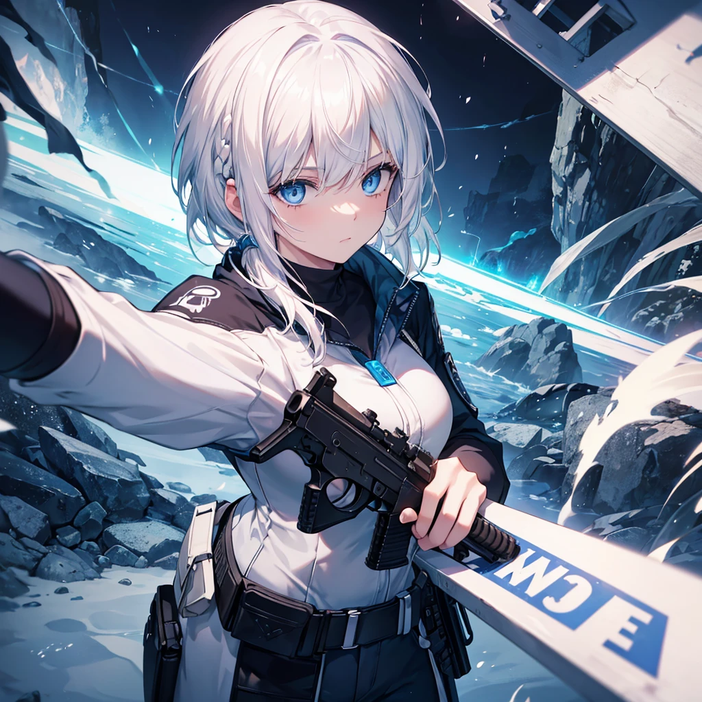 One woman,Holding a gun in both hands,pistol,Desert Eagle ((blue eyes,White Hair)) The woman is a survival game avatar,Playing a battle royale