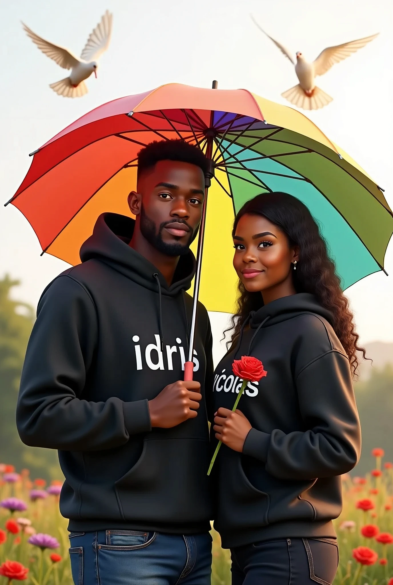 Realistic African 25-year-old Handsome boy with beard ,Black Hoodie with a 22-year beautiful girl in a Black Hoodie, the girl has a red rose flower in her hand, and the boy holding a multi-colorful umbrella in his hand, written in "idris" in the boy's hoodie, and "nicolas" in girl hoodie, in outdoor Park with white Background Doves Flying, Beautiful picture, pretty girl, So happy picture, profile pic, Rainbow Behind, 3d illustration, hyperrealistic, Look straight