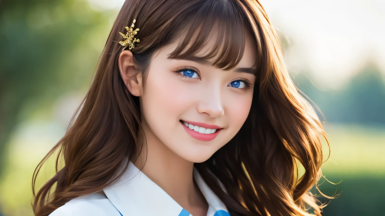 Masterpiece, beautiful details, perfect focus, uniform 8K wallpaper, high resolution, exquisite texture down to the smallest detail, one girl, long hair, looking to the side, blushing, smiling, bangs, stand, looks like a half body, skirt, brown hair,  shirt, hair accessory, long sleeves, very long hair, smiling, happy, open mouth, blue eyes,  blue sky.