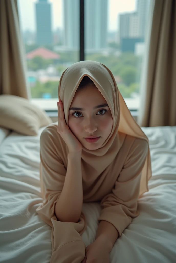 NSFW (masterpiece, top quality, best quality, extreme detailed, colorful, highest detailed, Dreamy Atmosphere, Bright color, real photo, real skin. Hyper realistic, 1girl, Malaysia young girl, ((wearing hijab)), fair skin looking sharp to the viewer, detailed skin, city street background, slender body, lie down above view on a hotel's bed, ((spreading legs, M-legs position:1.5)), ((showing vagina)). morning time, big breasts. ((naked)) freely pose, soft front studio lighting, whole body