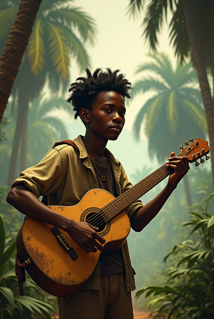 African Kofi with an old guitar in hand searching for treasure