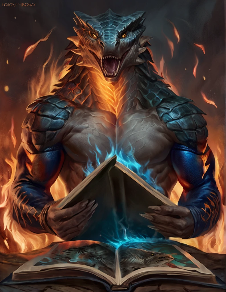 a ferocious male lizardfolk druid, muscular detailed body, gray color body, yellow eyes, hungry, open mouth, neon blue insides, masculine pose, tall topless, magic bodysuit, dark magic flames, comic book style, best quality, 4k, ultra-detailed, realistic, by laobai, by taran fiddler, by honovy