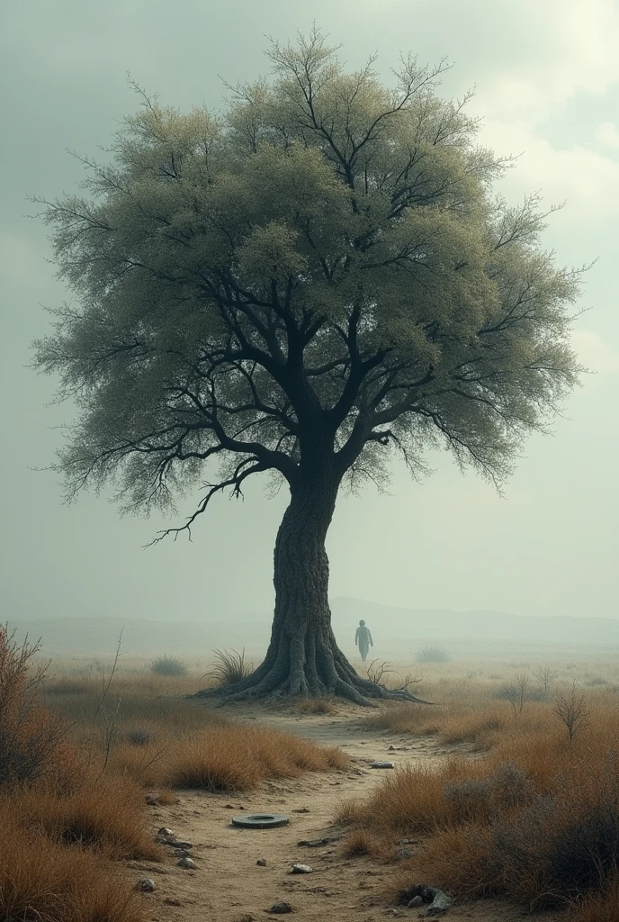 Sad oak tree with less grass on the ground 
