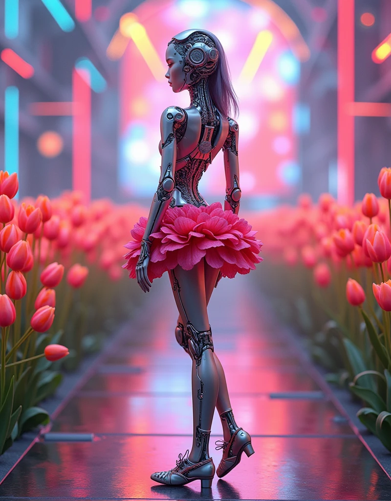(3d,Mechanical feel,cute,ais-scrapyrd 1girl,tulip),(Use a wide-angle lens to capture whole body images:1.9),(masterpiece:1.1),(Highest quality:1.1),(HDR:1.0),Ambient Light,Ultra high quality,(Ultra-detailed original illustrations),(1 Girl,whole body),(Rainbow tulip flower skirt),(Slender thighs),(Shoes made from tulip flowers: 1.5),((Harajuku Fashion)),((Flowers with human eyes,Eye disease)),Double Exposure,Fusion of Fluid Abstract Art,Fault,(Original illustration composition),(Limited color blending,Extreme art style,Geometric artstyle), , Colorful neon lights,High-tech mechanical parts,Metal body,(Detailed vibranium tulip flower design:1.9),Vibrant colors,Dynamic luminous tulip flowers,Reflective metal surface,Bright environment,Dynamic poses,Exquisite existence,Skills Improvement,Interlocking mechanical gears,Stylish design,motion blur effect,Detailed metal treatment,Sci-fi atmosphere,Streamlined aerodynamic shape,Laser scanning pattern,Holographic projection,LED light track,Beautiful and unforgettable,Advanced sensors,Complex algorithms,Ominous and mysterious atmosphere,Electric Spark,Shiny chrome,Propulsion systems of the future,(Best quality,8k,high resolution,masterpiece:1.2),Super detailed,(whole body:1.8), magazine photography,A cute girl image,Popular on social platforms,((Dopamineism)),(((Dopamine color matching))),Dopamine,(in the style of Y2K),Luo Erchun,3D Antique,Oriental poetry and painting