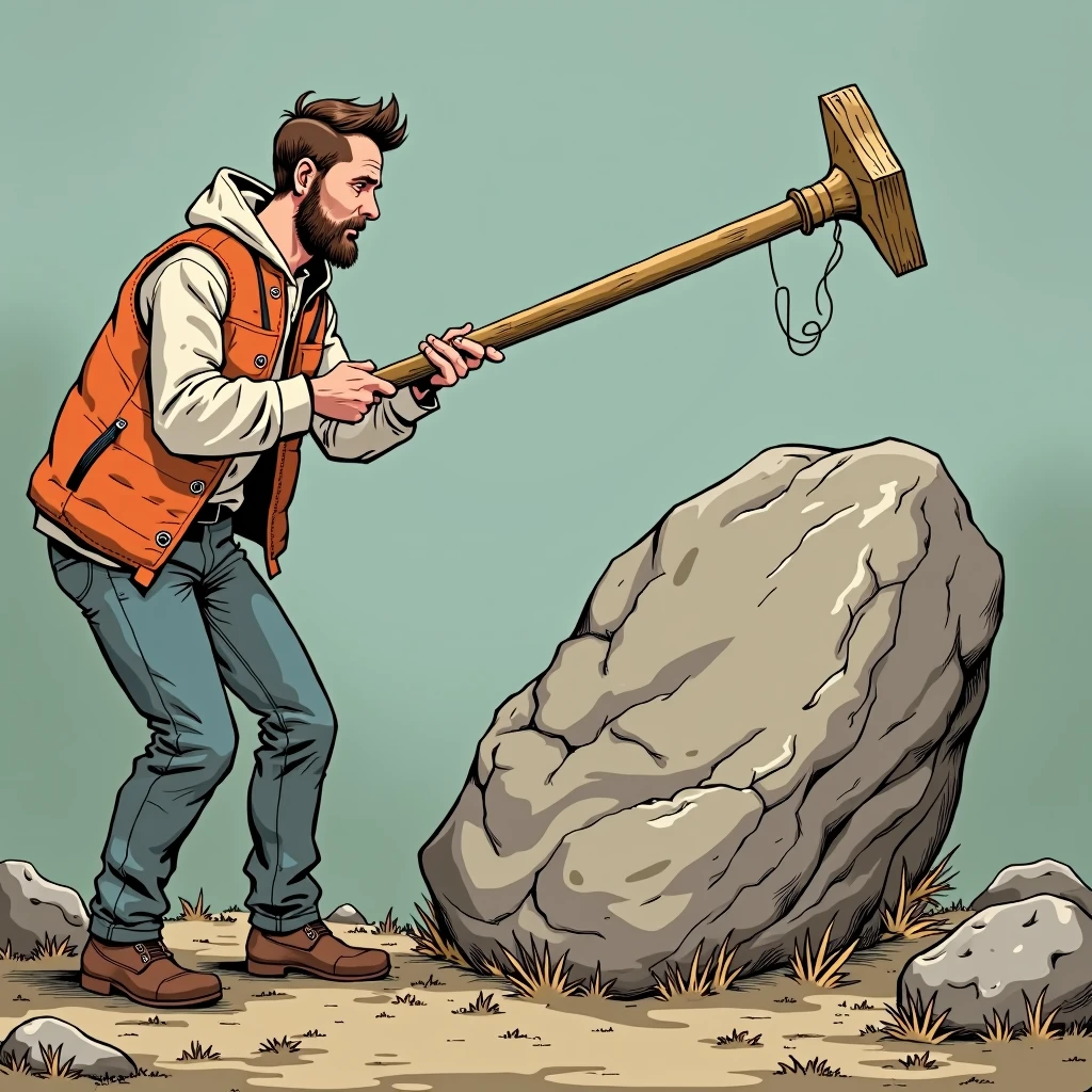 He tries to move the rock using a stick, leveraging the principle of the lever.