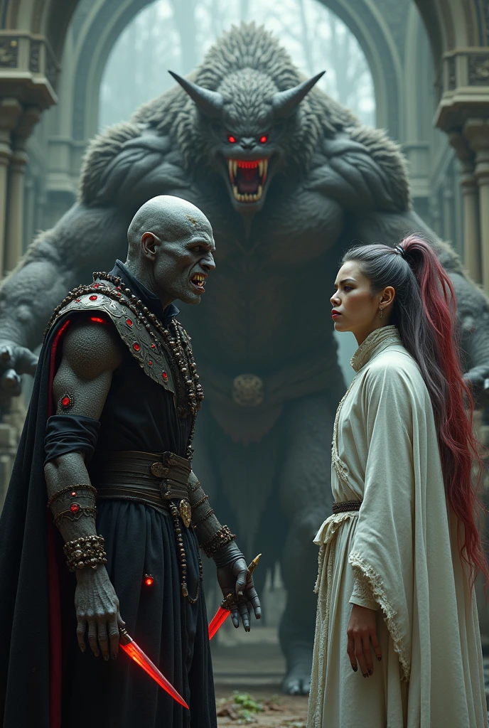 Create a group of people, a man with gray skin and a scar, with fangs, and he will have dark clothes, with ruby crystals on his body, he will have two red daggers , and a super large humanoid monster with claws and fur, If his skin will be gray, and a tall man with gray and red hair, with white clothes
