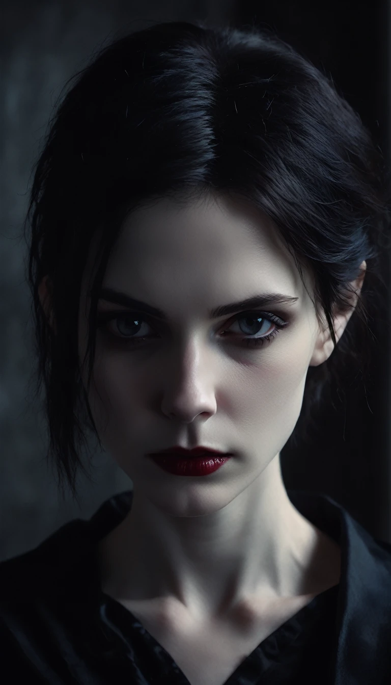 (high quality: 1.3), cinematic shot, masterpiece, (sharp focus: 1.5), (photorealistic: 1.3), medium portrait of (a beautiful young vampire, Pale skin, Gothic, still proud and fierce, short straight black hair, dark look, dressed in a highly detailed dark robe, dark atmosphere, but sculpting the shapes in sharp chiaroscuro), It&#39;s night, (very detailed skin), (detailed face),  detailed background, dark lighting, twilight lighting, volumetric lighting, Complex details, HD,