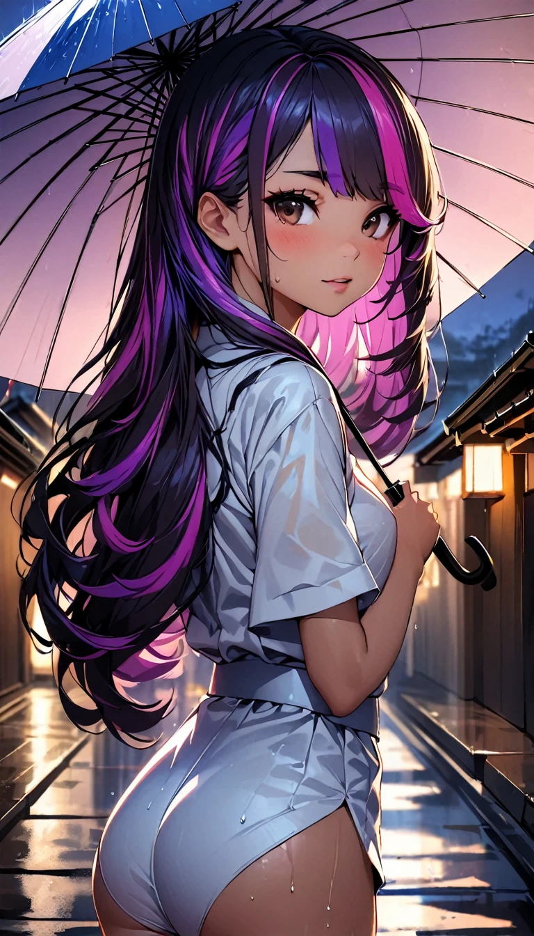 (highest quality:1.2, Very detailed, up to date, Vibrant, Ultra-high resolution, High Contrast, masterpiece:1.2, highest quality, Best aesthetics), Portraiture、girl、((25-years-old:1.5)), Japanese traditional kimono, (holding up umbrella:1.6), Bright colors、Beautiful fine details、Beautiful lip detail, long hair、black and purple ((streaked hair:1.6)), highlights hair: 1.5, brown eyes, ((slim body:1.4)), (small breast:0.7), (dark skin:0.5), rainy day, rain night, street in Kyoto, wet street, looking back, (cowboy shot),