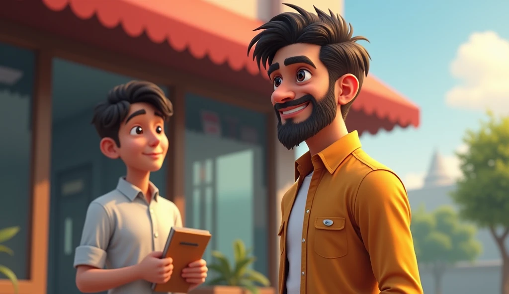 Amit standing in front of his successful business, smiling confidently. In the background, Rajesh is seen looking at Amit with a thoughtful expression, holding a notebook, symbolizing his desire to learn and start anew. The scene is hopeful, with bright lighting and a positive atmosphere.