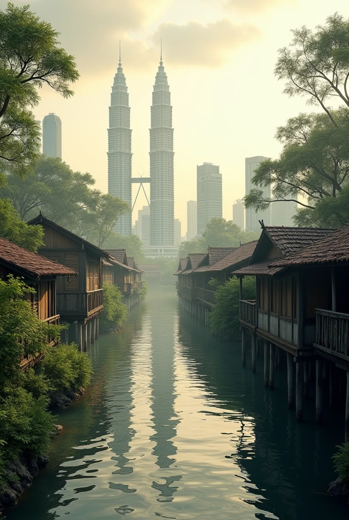 ( photorealism 1.2) photo realistic high detailed big river Malay Kampong Kuala lumpur city at background dusty view morning mode  twin tower high building