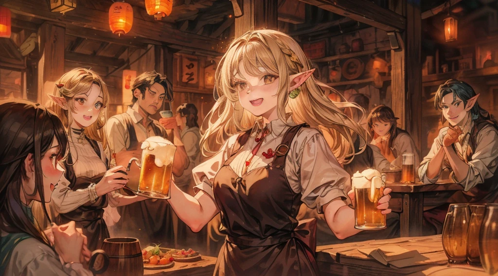 An illustrated scene set in a lively fantasy tavern at twilight. The focus is on a cheerful elf waitress, a young woman with long flowing hair and pointed ears, wearing a traditional tavern outfit. She is smiling warmly as she carries a large tray of mugs filled with beer, distributing them to a diverse group of patrons gathered around a round wooden table. The background shows a bustling tavern filled with various races, including humans, dwarves, and elves, all engaged in lively conversation. The setting is cozy, with a warm glow from lanterns and a large hearth, casting a soft, inviting light. The overall mood is vibrant yet warm, with a mix of soft browns, golds, and oranges to reflect the twilight hour.
