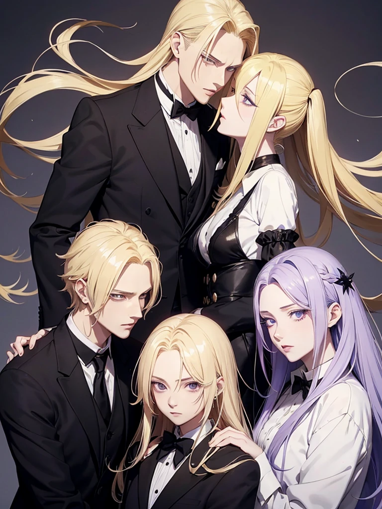 Hair yellow, Anime style image of a man with long blonde hair wearing a black suit and white shirt, purple eye, a character portrait inspired by Yamagata Hiro, pixiv, what is?, pat pat anime, delicate androgynous prince, black skin, cat ears, black skin, black face, guapo drow, beautiful androgynous prince, Johan Liebert mixed with Alucard, handsome boy with eye patch, handsome anime man, kiss me, kiss, excited