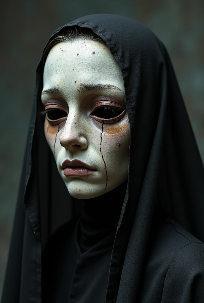Make a mask inspired by this poem, that is with some color and good design, simple and beautiful. The poem itself, try someone who is afraid of death would like to escape that destiny, but knows it is impossible, is a solitary person. "In the shadows of the night I wrap myself,
Tormented by the certainty of the end.
My mind wanders, I wrap myself in theories,
Seeking to escape this fatal end.
Death is lurking, relentless and cruel,
Stealing my sleep, filling me with dread.
I can't find rest, not even a faithful consolation,
For the fear of perishing does not leave me well." Noticeable sad human man with a tired face, tired mascara and dark circles and fear