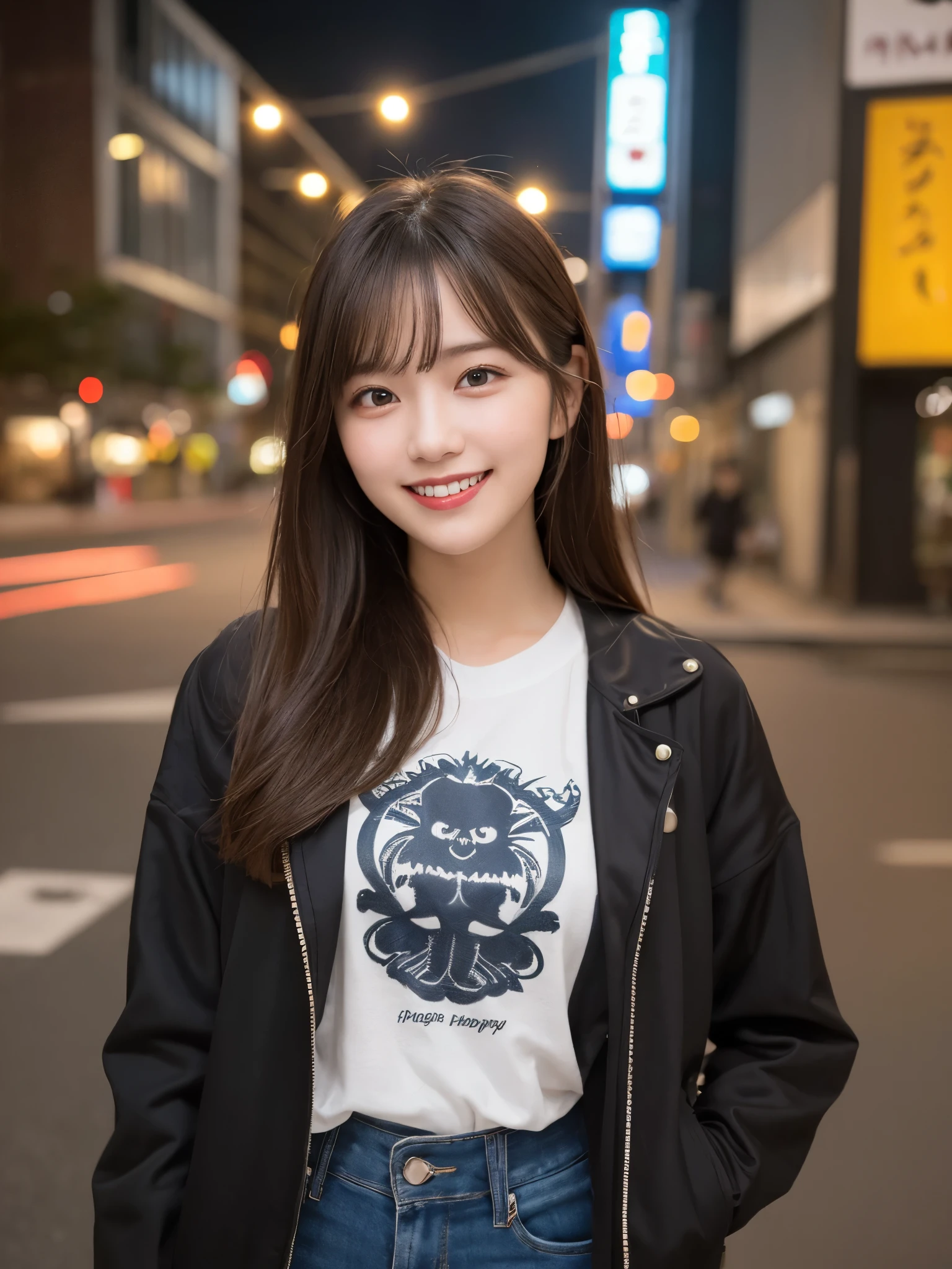 1girl, 18 years old, cute and beautiful, solo, highres, best_quality, masterpiece, detailed_background, intricate_details, beautiful, osaka, minami_area, street_lights, nightlife, casual_clothes, trendy_clothes, smile, looking_at_viewer, dynamic_pose, natural_pose, candid, happy