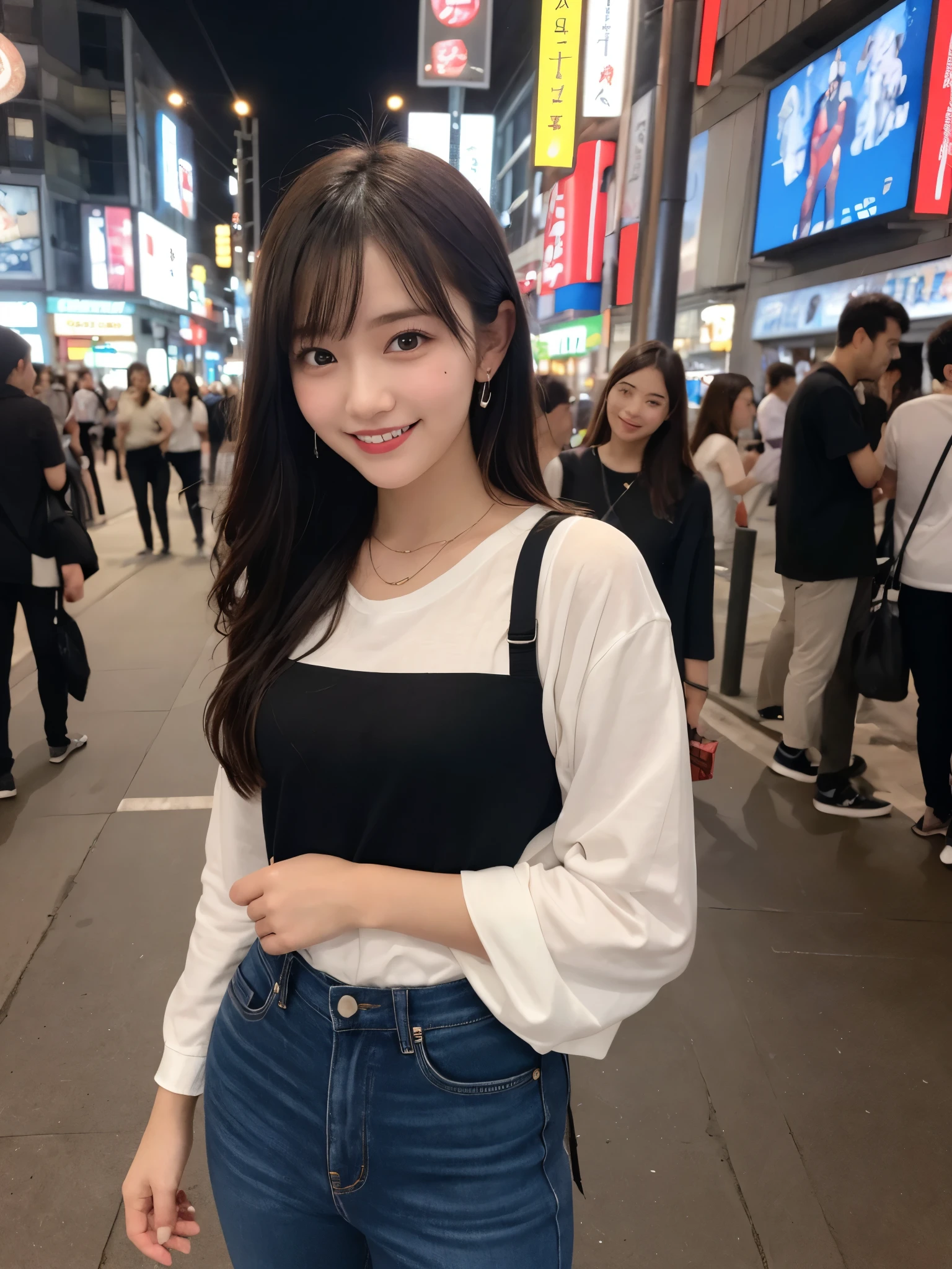 1girl, 18 years old, cute and beautiful, solo, highres, best_quality, masterpiece, detailed_background, intricate_details, beautiful, osaka, minami_area, street_lights, nightlife, casual_clothes, trendy_clothes, smile, looking_at_viewer, dynamic_pose, natural_pose, candid, happy
