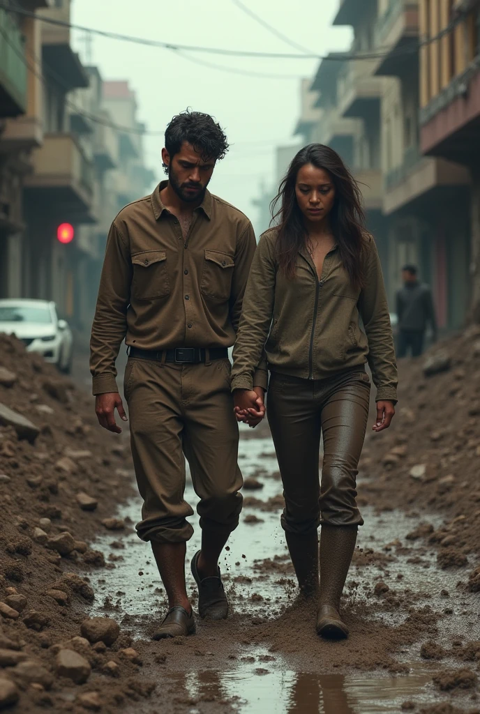 A man and women walking and struggling to walk through the mud holding hands in a city