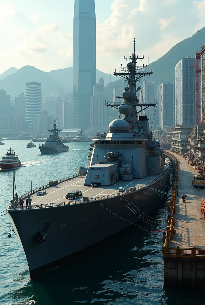 Hong Kong Harbor and a missile boat at the pier.
