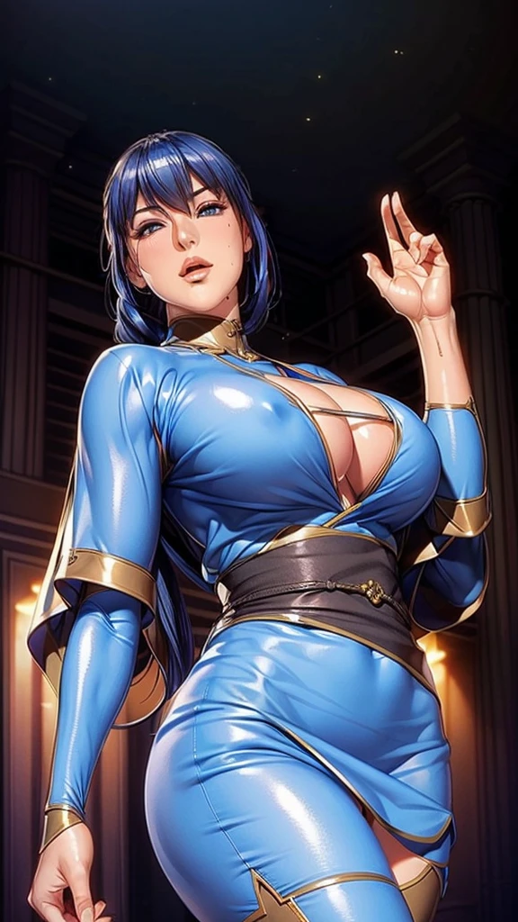 (（（Perfect body,White and tender skin,（（（Black Kimono, Cleavage, Arm armor,）））,（（（Koh Samui, blue eyes, blue hair, Long ponytail, Bangs, blunt Bangs,）））,((masterpiece)),High resolution, ((Best quality at best)),masterpiece,quality,Best quality,（（（ Exquisite facial features,looking at the audience,There is light in the eyes,blush,happy,Ha ha）））,Look up at the sky，raise your hands，from below）））,（（（light and shadow,Huge breasts）））,（（（looking at camera,black background,)））),