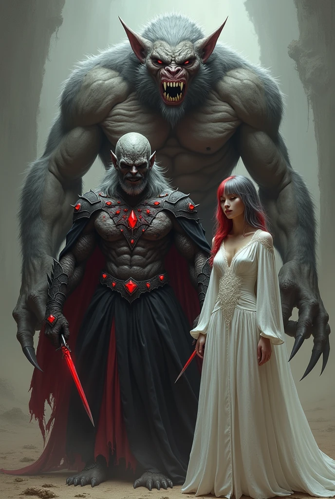 Create a group of people,  a man with gray skin and a scar, with fangs, and he will have dark clothes, with ruby crystals on his body, he will have two red daggers , and a super large humanoid monster with claws and fur, If his skin will be gray, and a tall man with gray and red hair, with white clothes