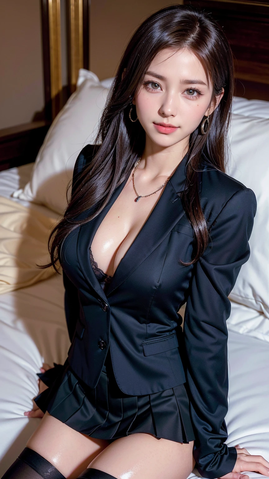 (run a high class brothel、A devilishly beautiful madam who sells useless prostitutes to organ brokers..),NSFW, masterpiece, highest quality, Accurate, UHD, retina, Super detailed, Award history, High resolution, anatomically correct, (realistic:1.4),Raw photo,(Soft saturation:1.3),(Fair skin:1.2),rough skin, 8K,1 girl, alone, mature adult woman, Beautiful Evil, evil and sneaky sexy woman, (perfectly beautiful woman, perfectly beautiful face, Perfectly beautiful eyes, perfectly beautiful nose, perfectly beautiful nose孔, perfectly beautiful lips),(Chestnut hair tied on top of head),(compensate:1.3),(eye reflection:1.3, solid circle eye, ring-shaped eyes, Sparkling pupils:1.2, long eyelashes:0.7, amber eyes),(crystal earrings, necklace), sleepy, parted lips, boredom, (enchanting smile:1.4, cruel smile:1.4), (natural_breasts, straight_hairstyles, glossy_lips:1.5,lip_reflection:1.5), break, (blazer, executive_blouse, tight_skirt, opaque_thigh_highs:1.5),(lying_on_your_back, on the bed, at the bedroom, looking at user, wide_shot:1.5)
