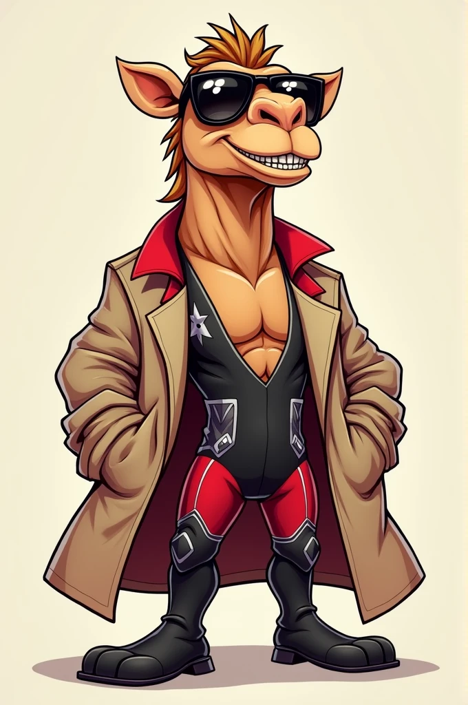 cartoon camel dressed like wrestler edge wearing sunglasses and trenchcoat