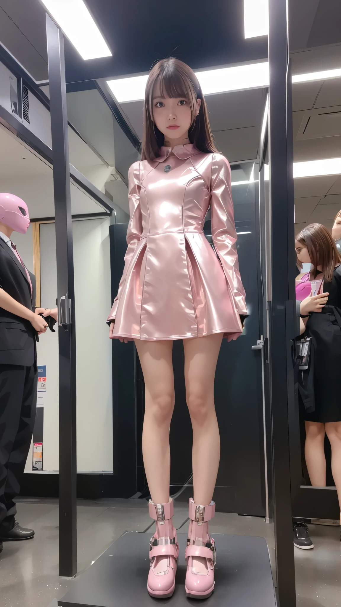 Robot Girl, pink there, Silver, Metallic body, Robot Parts, Metal Parts, Super Detailed Face, Super well-formed face, of the highest quality, a small face, small head, Brown hair, Slender body, Camera gaze, Internal Mechanical Exposure, Idol, front facing, Well-proportioned body, sale, exhibition, Event Hall, Moe Pose, pink metallic maid Dress Machine Armor, Standing with legs open, Hands on hips, Model body type, sad, Embarrassing,(Perfect Robot Girl),(Perfect machine body)