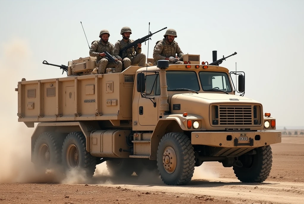 arafed truck with a gun on the back, Afghan warrior, French special forces, heavily armed, Taliban, Kurdish soldier, heavily armored, military vehicle, military weapons, military equipment, truck, camouflage gear, special forces security, modern military equipment, carrying rifle, shoulder-mounted gun, Mongolian military invasion of Iraq,