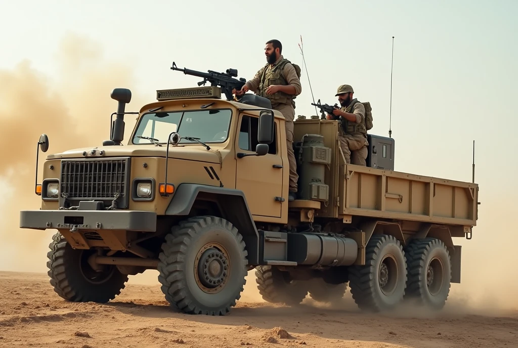 arafed truck with a gun on the back, Afghan warrior, French special forces, heavily armed, Taliban, Kurdish soldier, heavily armored, military vehicle, military weapons, military equipment, truck, camouflage gear, special forces security, modern military equipment, carrying rifle, shoulder-mounted gun, Mongolian military invasion of Iraq,