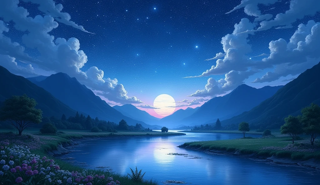 A painting of a river with stars and moon in the sky, concept art inspired by Tosa Mitsuoki, pixiv contest winner, best quality, fantasy art, beautiful anime scene, a bright moon, moonlit starry environment, dream painting, Anime Background Art, Fantasy Landscape Art, Fantasy Night, Anime Background, Background Artwork, Fantastic Art, Atmospheric Anime, Starry Sky, Detail Enhanced.