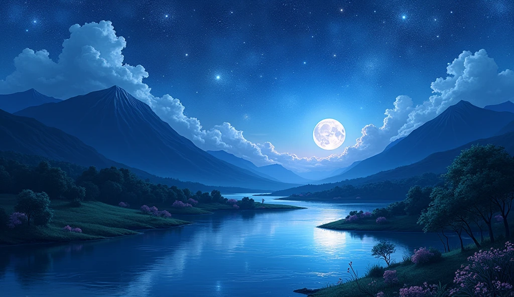 A painting of a river with stars and moon in the sky, concept art inspired by Tosa Mitsuoki, pixiv contest winner, best quality, fantasy art, beautiful anime scene, a bright moon, moonlit starry environment, dream painting, Anime Background Art, Fantasy Landscape Art, Fantasy Night, Anime Background, Background Artwork, Fantastic Art, Atmospheric Anime, Starry Sky, Detail Enhanced.
