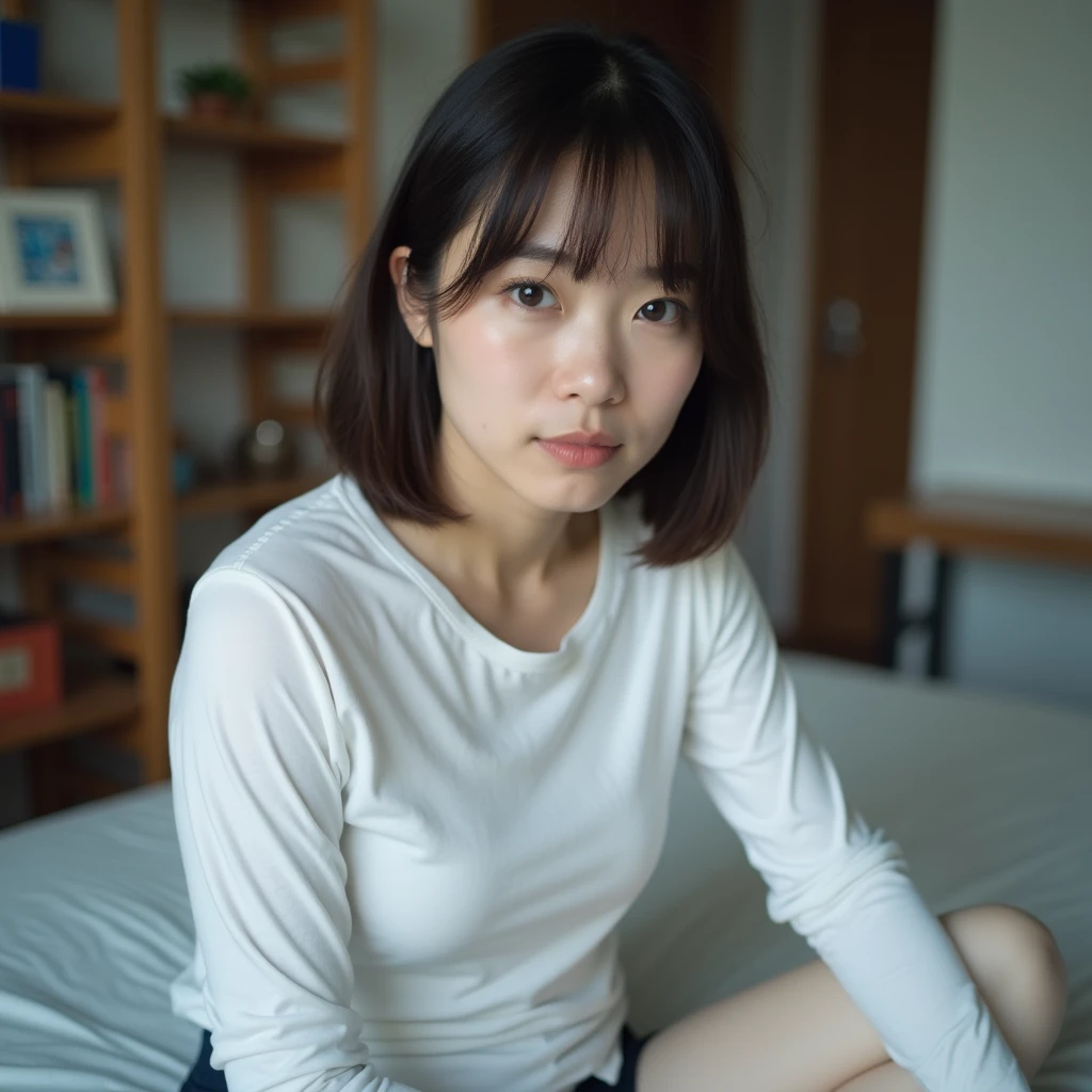 a Japanese woman with medium-length hair、her hair is dark brown、Calm expression、Sitting on the bed、her body is leaning slightly forward、a thin white long-sleeved T-shirt、a tight fit is emphasized、indoor、Behind her is a bookshelf、table、I can see the door、part of a living space、indoorの明るい照明で、a slightly cool tone of light、a quiet and private space、Calm atmosphere、Large, slightly droopy eyes、Double eyelids、Eyes that give a gentle impression、Smaller, more natural-looking nose、Smaller lips、The lips are well shaped、Straight medium bob hair、Brown Hair、The bangs are short、Smooth, Healthy Skin、Obese、Bust is emphasized、Selfie-style perspective