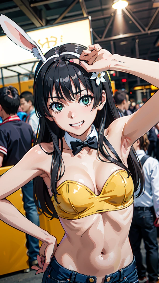  (High resolution:1.4), (masutepiece:1.2), (High quality:1.3) 1girl, saten ruiko, green eyes, long hair, black hair, small breast, (reverse outfit,rabbit ears,navel,breasts,revealing clothes),, cinematic lighting,  pov, dynamic angle, comiket_cosplay_Hiroba comiket_cosplay, N4, grin,