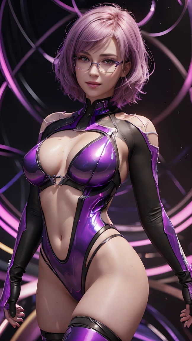 violet, neon lighting, short hair, pale skin, brightly glowing purple eyes, portrait of a cute smiling girl in glasses with a metal frame. (masterpiece, top quality, Best quality, official art, beautiful and aesthetically pleasing:1.2), extremely detailed,(fractal art:1.2),colorful,The most detailed, (dynamic pose), (abstract background:1.5), (Many colors:1.4). ((split. skin texture, Shiny skin. elegance. photorealism. unreal engine. 3D model. Ultra high quality textures. high detail. permission 8k))