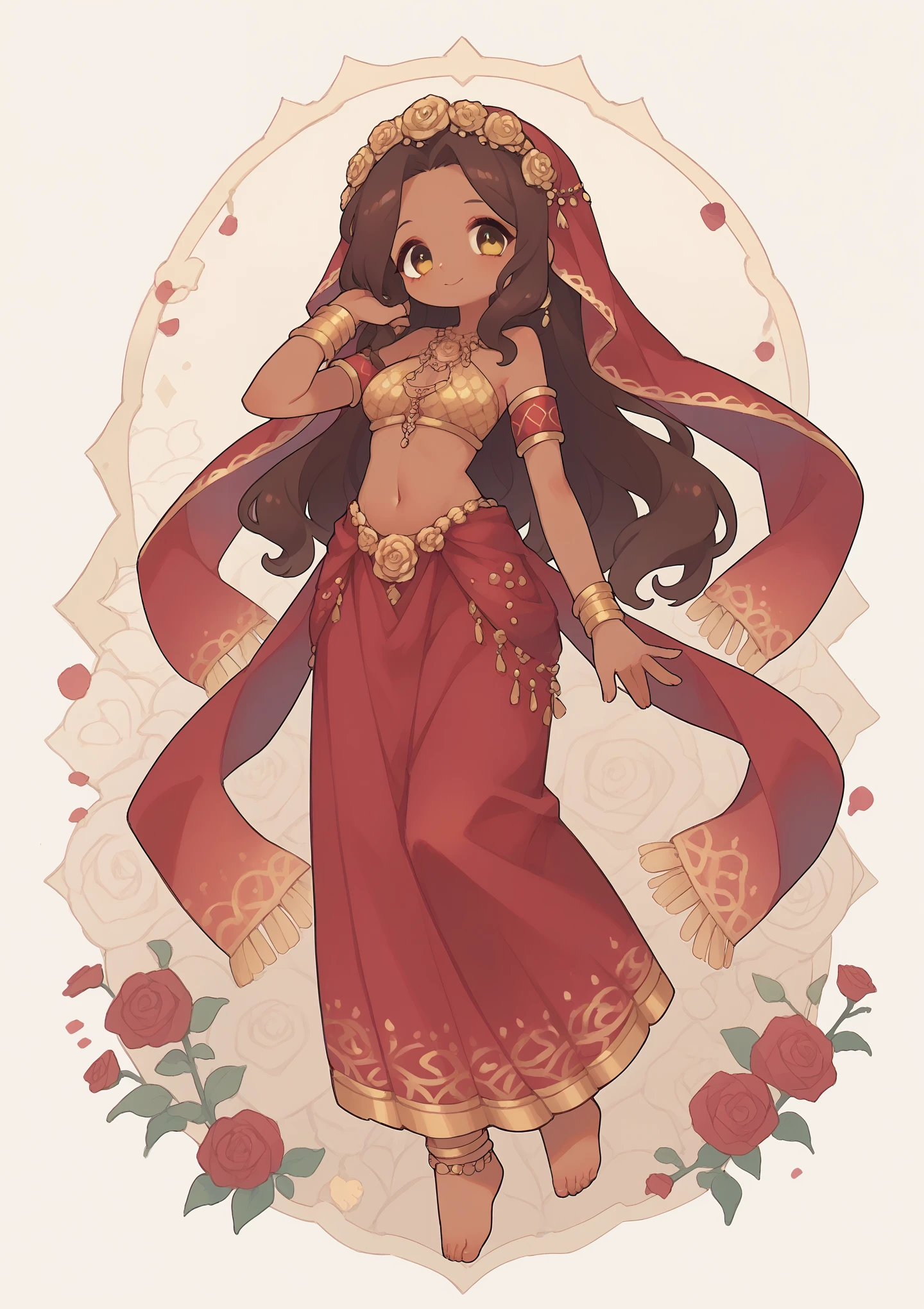 Miss、dark brown hair、Rose red veil,Dark skin,Golden Eyes,indian long skirt、Smile,golden sequins on the chest,Armband,barefoot,Indian attire,Navel,Flip hair