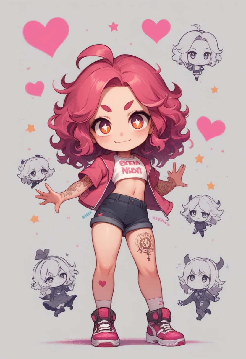 score_9, score_8_up, score_7_up, score_6_up, score_5_up, score_4_up, chibi characters, cute, mean and energetic devil children, pink messy wavy hair, wearing loose baggy hip-hop fashion, make-up, covered in tattoos, background another dimension, notes effects, star effects, heart effects, glitter effects, (ultra detailed, absolutely resolution, best quality:1.3), artistic, hyper, graphic CG digital pop art