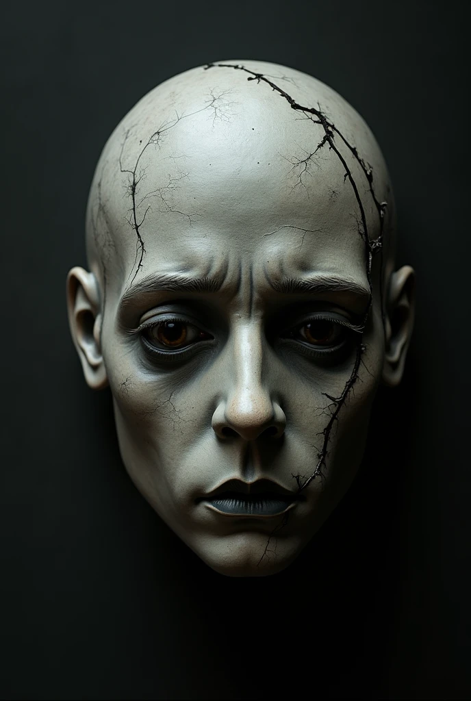 Make a mask inspired by this poem, that is with some color and good design, simple and beautiful. The poem itself, try someone who is afraid of death would like to escape that destiny, but knows it is impossible, is a solitary person. "In the shadows of the night I wrap myself,
Tormented by the certainty of the end.
My mind wanders, I wrap myself in theories,
Seeking to escape this fatal end.
Death is lurking, relentless and cruel,
Stealing my sleep, filling me with dread.
I can't find rest, not even a faithful consolation,
For the fear of perishing does not leave me well." Noticeable sad human man with a tired face, tired mascara and with dark circles and fear and with the broken mask