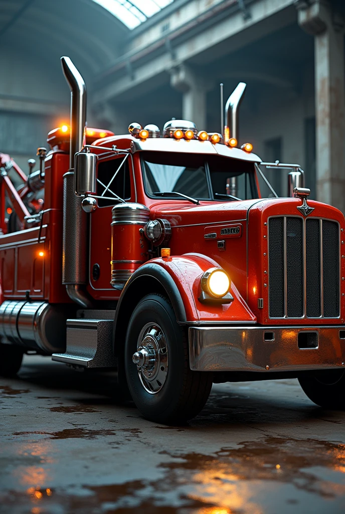 a tow truck, highly detailed, photorealistic, 8k, HDR, extremely detailed, intricate details, realistic textures, professional lighting, cinematic composition, seamless, pristine, glossy metal surfaces, rubber tires, chrome trim, vibrant colors, dramatic shadows, environmental reflections, gritty industrial setting, rugged utilitarian design, powerful engine, towing equipment, utility vehicle, mechanical complexity, weathered and worn appearance, dynamic pose, dramatic lighting, moody atmosphere