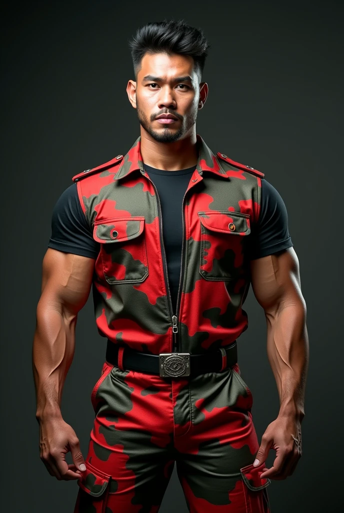 handsome muscular man, 1man, wearing camouflage red white and black shirt , camouflage red white and black pants, detailed facial features, extremely detailed eyes and face, beautiful detailed lips, longeyelashes, strong masculine physique, powerful muscles, realistic, photorealistic, photo-realistic:1.37, best quality,4k,8k,highres,masterpiece:1.2,ultra-detailed,vivid colors,studio lighting