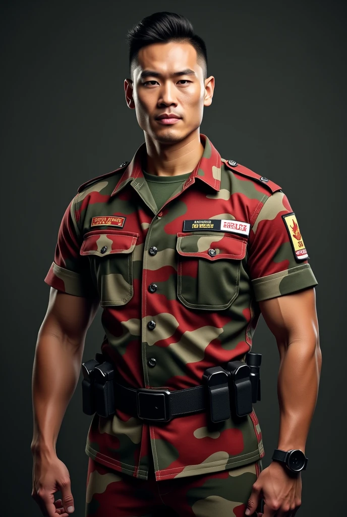 handsome Malaysia muscular man, 1man, wearing camouflage red black and army green shirt uniform, camouflage red black and army green pants uniform, detailed facial features, extremely detailed eyes and face. Firefighter t-shirt uniform, beautiful detailed lips, longeyelashes,muscle big bicep. strong masculine physique, powerful muscles, realistic, photorealistic, photo-realistic:1.37, best quality,4k,8k,highres,masterpiece:1.2,ultra-detailed,vivid colors,studio lighting