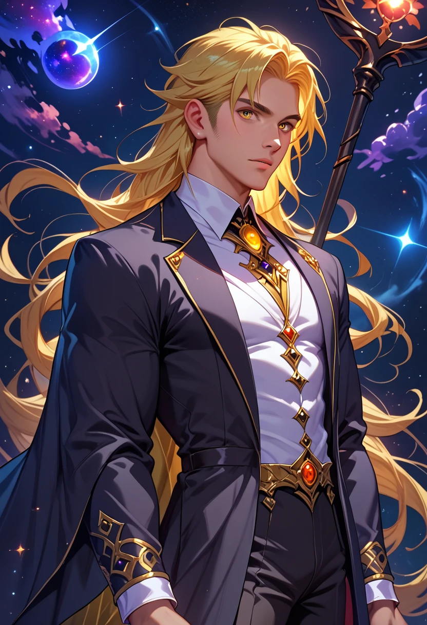 man, magician, Yellow long hair, dark fantasy, detailed yellow and black space robe, cosmic staff