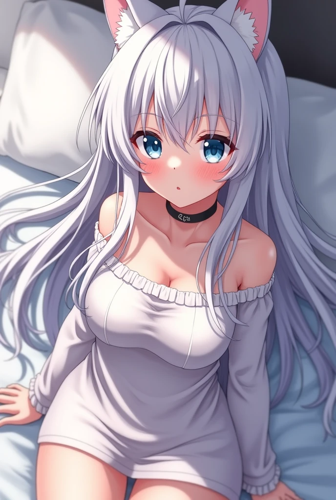 one girl, anime style, cat ears, off shoulder, medium breasts, shy, blush, navel, choker, obedient, white long hair, light blue eyes, long sleeve, on bed, groin, cleavage, navel