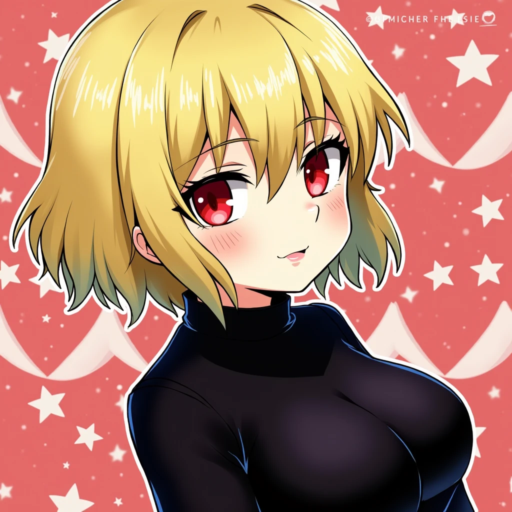 Blonde bob with red eyes anime style illustration！
Dark clothes with a landmine look！
