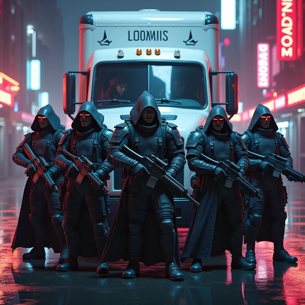 A heavily armored vampire spawn, clad in a modern tactical vest with the word "LOOMIS" emblazoned across the chest, his pale skin contrasting against the black vest as he wields a high-powered rifle with glowing red accents. Next to him, an elf wizard in a slim, high-tech armored vest also labeled "LOOMIS," holding a sleek, modern tablet connected to a network of magical and technological systems. A half-orc warrior, wearing a reinforced, heavy-duty tactical vest with "LOOMIS" on the front, grips a modified shotgun designed for maximum impact, his muscular frame and green skin making him an imposing figure. A Tiefling rogue, dressed in a lightweight, flexible armored vest with "LOOMIS" in red letters, holds dual silenced pistols, her tail flicking as she surveys the area with sharp, calculating eyes. Lastly, a dragonborn cleric, in a custom-fit armored vest with "LOOMIS" prominently displayed, wields a modern assault rifle with attached medical supplies, his scales shimmering under the neon lights. They are positioned around a pristine white armored truck with the name "LOOMIS" in bold red letters, ready for cash pick-up and delivery in a fantasy cyberpunk atmosphere. The scene is filled with modern, highly detailed armor, realistic weapons, glowing neon lights, and a rich color palette. Dramatic lighting casts dynamic shadows, captured from a low-angle, cinematic composition. ((best quality, 8k, hyper realistic, photorealistic, cinematic, ultra-detailed, extremely detailed:1.2))