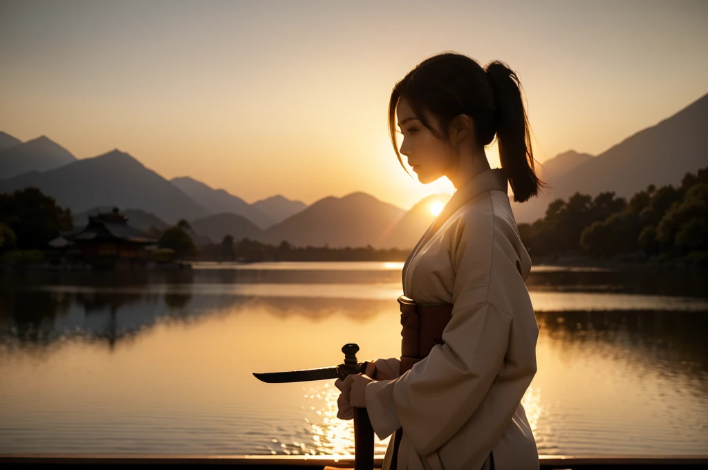 ((upper body)),

A female samurai standing on a wooden platform during sunset, preparing to draw her katana. She is dressed in traditional dark, muted samurai robes, with a deep maroon inner kimono visible beneath the outer layers. Her hair is tied back in a traditional warrior style, with loose strands framing her face. Her expression is calm and focused, showing determination. The scene is bathed in the warm, glowing light of the setting sun, casting long shadows across the wooden platform and highlighting the blade of her katana. In the background, distant mountains are silhouetted against the glowing orange and yellow sky, adding depth and atmosphere to the scene. The color palette is dominated by warm sunset hues, earthy tones in her clothing, and the soft shadows of the peaceful yet tense moment."

Style: Realistic, cinematic lighting
Lighting: Warm, golden sunset light, casting long shadows and emphasizing the sword’s blade
Colors: Dark, muted earth tones for the clothing, warm sunset oranges and yellows in the background
Composition: Samurai woman centered, holding her katana with both hands, preparing for action, with the sunset and mountains behind her
Environment: Wooden platform, distant mountains, sunset sky, atmosphere of calm determination
