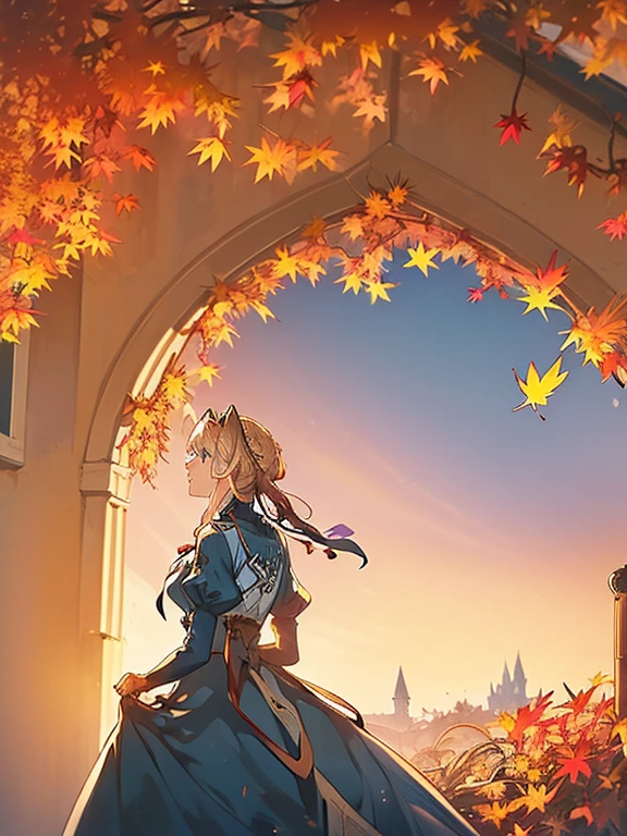 (((Very beautiful autumn scenery:1.3))), (Super detailed face, Highly detailed, Violet Evergarden:1.3), Highly detailed face, Blonde hair, Blue eyes, hair between eye, full body, bow ribbon, Red Ribbon, braid, Hair Ribbon, Highly detailed Blue jacket, Long skirt, Jewelry, Bangs, brooches, anime realism style, Anime coloring, White Ascot, autumn leaves, Falling leaves, Withered leaves floating, tree, light leaks, (light particles:1.2, Sparkling landscape), extremely details CG, (Perfect Anatomy), Perfect beautiful composition, ((masterpiece, best quality, HDR, high resolution))