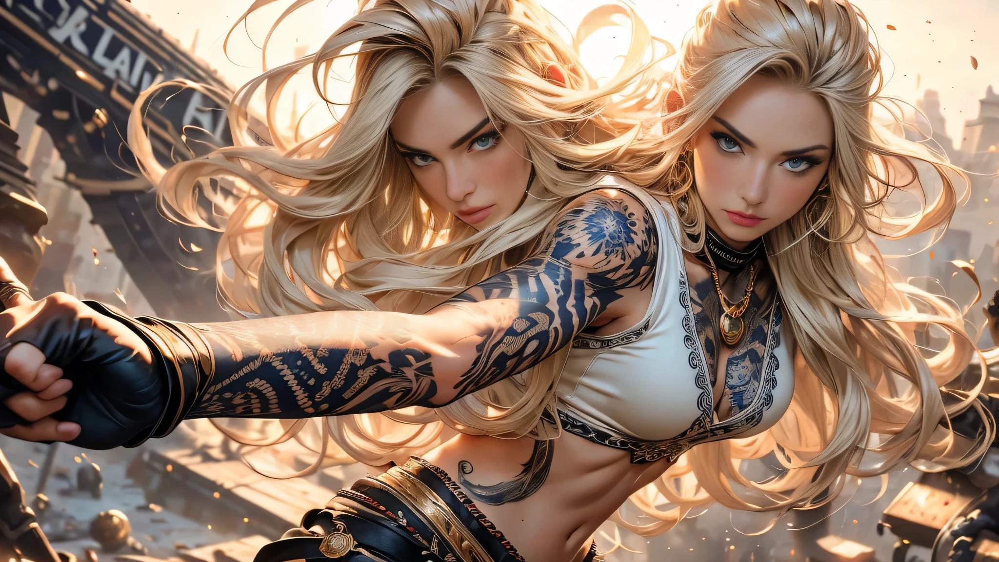 work of art, full medium shot, A super hot beautiful European woman. 23 year old. (golden hair), (beautiful seductive blue eyes), (tribal tattoo on hands), offwhite, orange and blue colors, foggy background, graceful pose, (looking ahead at viewer), (from front view),(bokeh:1.2)