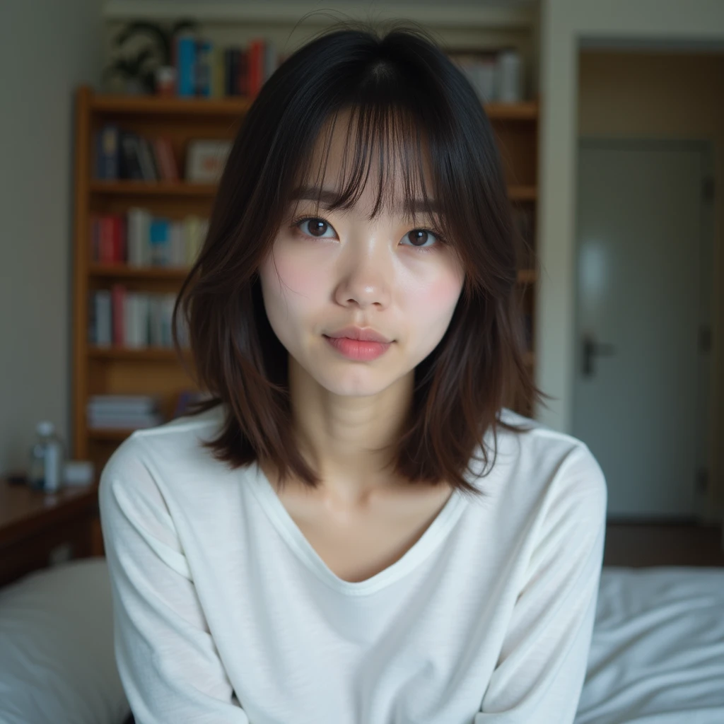a Japanese woman with medium-length hair、her hair is dark brown、Calm expression、Sitting on the bed、her body is leaning slightly forward、a thin white long-sleeved T-shirt、a tight fit is emphasized、indoor、Behind her is a bookshelf、table、I can see the door、part of a living space、indoorの明るい照明で、a slightly cool tone of light、a quiet and private space、Calm atmosphere、Large, slightly droopy eyes、Double eyelids、Eyes that give a gentle impression、Smaller, more natural-looking nose、Smaller lips、The lips are well shaped、Straight medium bob hair、Brown Hair、The bangs are short、Smooth, Healthy Skin、Obese、Bust is emphasized、Selfie-style perspective