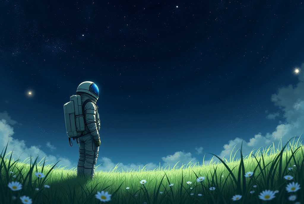 An anime-style image of a man standing in a serene green meadow, surrounded by tall grass gently swaying in the wind. The backdrop is a dark space scene, filled entirely with twinkling stars and cosmic elements. The man, now clad in a detailed space suit, stands on the right side of the image, gazing at the vast starry sky as if contemplating the universe. The image exudes a harmonious blend of tranquility and cosmic wonder, with no spacecrafts visible in the scene.