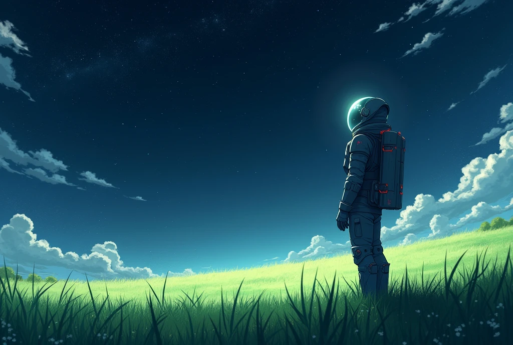 An anime-style image of a man standing in a serene green meadow, surrounded by tall grass gently swaying in the wind. The backdrop is a dark space scene, filled entirely with twinkling stars and cosmic elements. The man, now clad in a detailed space suit, stands on the right side of the image, gazing at the vast starry sky as if contemplating the universe. The image exudes a harmonious blend of tranquility and cosmic wonder, with no spacecrafts visible in the scene.