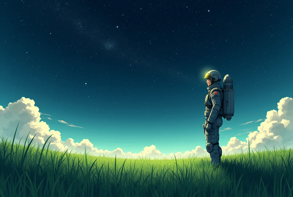 An anime-style image of a man standing in a serene green meadow, surrounded by tall grass gently swaying in the wind. The backdrop is a dark space scene, filled entirely with twinkling stars and cosmic elements. The man, now clad in a detailed space suit, stands on the right side of the image, gazing at the vast starry sky as if contemplating the universe. The image exudes a harmonious blend of tranquility and cosmic wonder, with no spacecrafts visible in the scene.